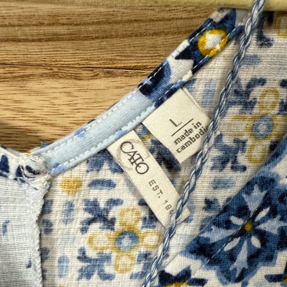 Cato Patchwork Floral Green Blue Yellow Rust  V-Neck Cap Sleeve Top Size L - Picture 6 of 9